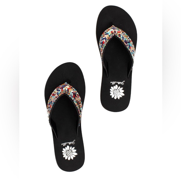 🛍️Yellow Box Multicolor Beaded Black Wedge Sandals - Picture 3 of 9